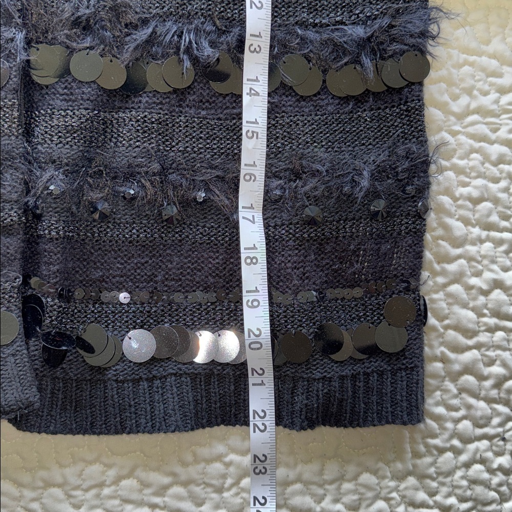 Ruby Rd Black Sequin & Bead Mixed Texture Cardigan Sweater Fuzzy Stripe Sz LG - Picture 6 of 12
